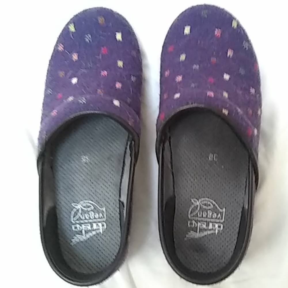 Dansko purple pattern clogs